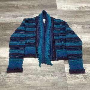Vintage 90s Chicos Blue Purple Women 3 Textured Knit Ruffled Open Front Cardigan